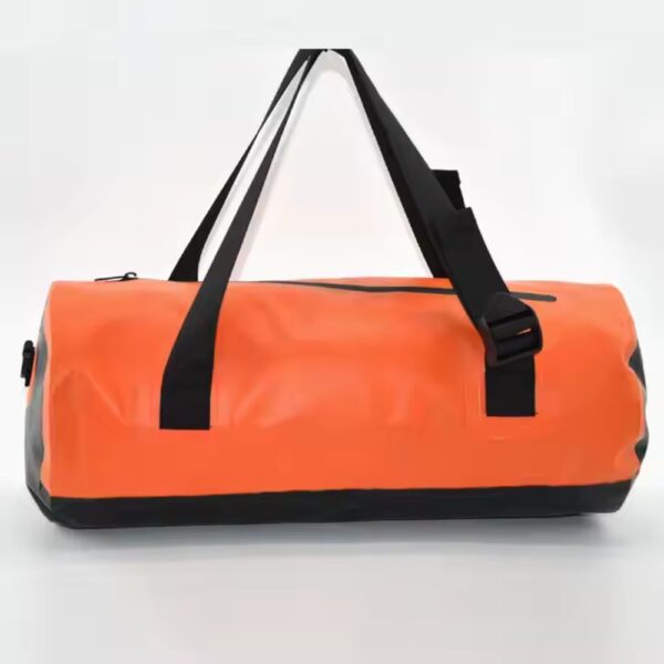 The back view of the Outdoor Luxury waterproof duffle bag, highlighting its smooth surface and the attachment points for the shoulder strap.