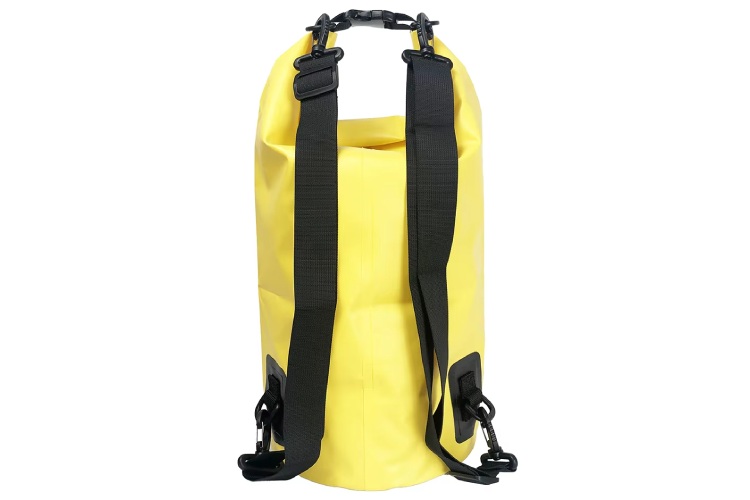 The image features a yellow waterproof bag with a mesh pocket on the front. The bag has a drawstring closure and a shoulder strap.