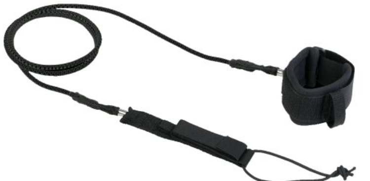 The image shows a black foil leash, likely used for water sports such as surfing. It has a coiled design with a padded ankle strap and a cord for attachment.
