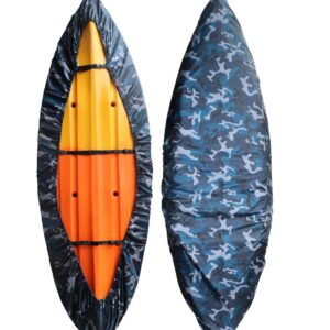 kayak cover being used to cover a yellow kayak. fits snugly over the kayak, highlighting its practical use