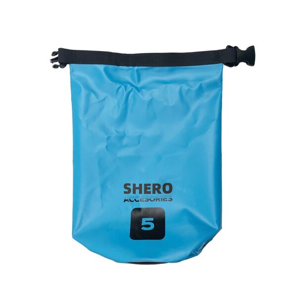 A compressed front view of the light blue waterproof dry bag, showcasing its flexibility and space - saving design.