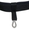 close - up of the foil leash's connection point, where a black woven strap is attached to a metal ring.