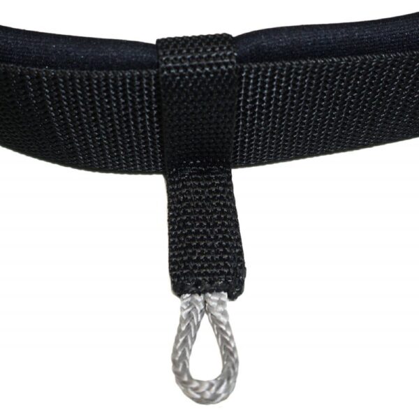 close - up of the foil leash's connection point, where a black woven strap is attached to a metal ring.