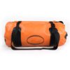The front view of the Outdoor Luxury waterproof duffle bag, showcasing its vibrant orange color, brand logo, and robust handles for easy carrying.