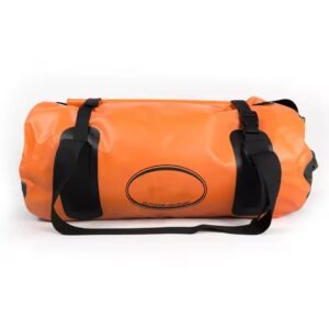 The front view of the Outdoor Luxury waterproof duffle bag, showcasing its vibrant orange color, brand logo, and robust handles for easy carrying.
