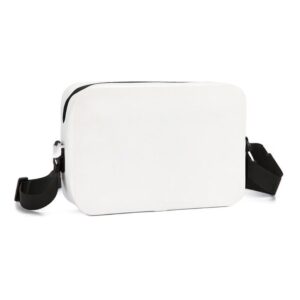 A white waterproof mail handbag with a sleek black strap, showcasing a front pocket and minimalist design, ideal for daily use to carry small items.