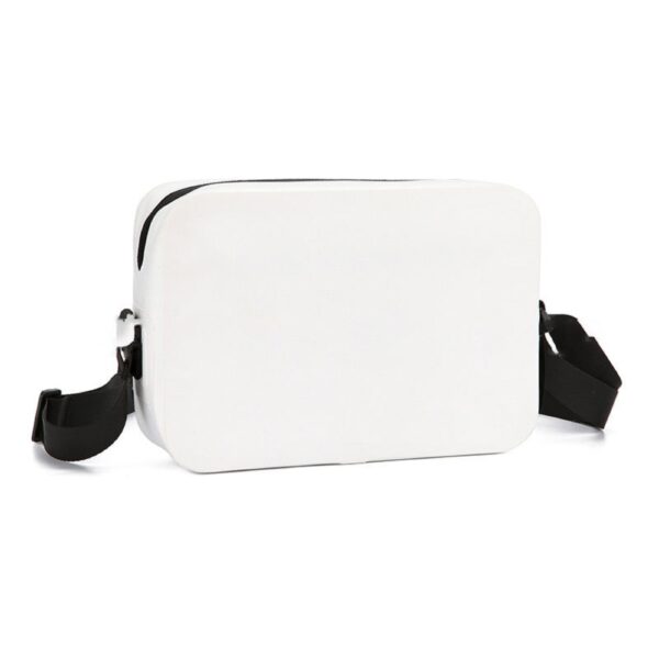 A white waterproof mail handbag with a sleek black strap, showcasing a front pocket and minimalist design, ideal for daily use to carry small items.