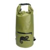 Military green dry bag featuring printed logo and main zippered compartment