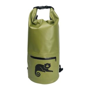 Military green dry bag featuring printed logo and main zippered compartment