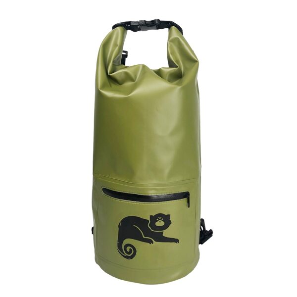 Military green dry bag featuring printed logo and main zippered compartment