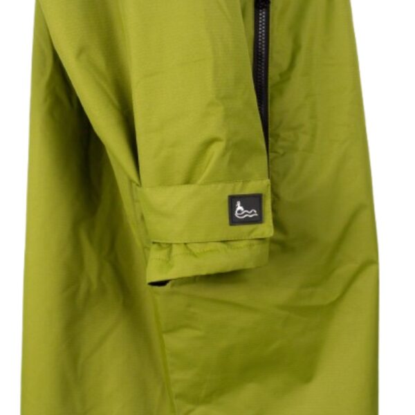 This image showcases the details of the military - green surf changing robe, including the brand logo on the cuff and the zipper design. These details reflect the high - quality of the product and the brand's attention to detail.