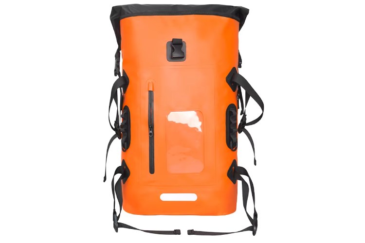 The image depicts the front view of an orange waterproof backpack with black straps and zippers. It has a large main compartment and a front pocket.