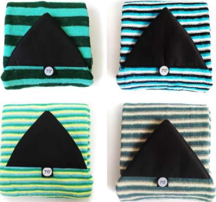 The image features four surfboard socks with black triangular inserts and striped patterns in different colors. Each sock has a "7'0"" label.