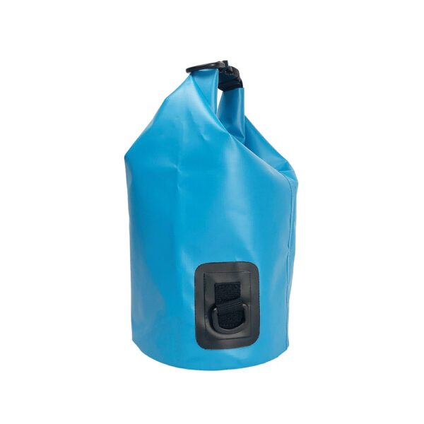 This side view of the blue waterproof dry bag highlights the stitched seams and the durable material, ideal for outdoor use
