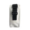 Side angle of a white waterproof mail handbag, featuring an adjustable black strap with a buckle, designed for comfortable and customizable carrying during daily outings.