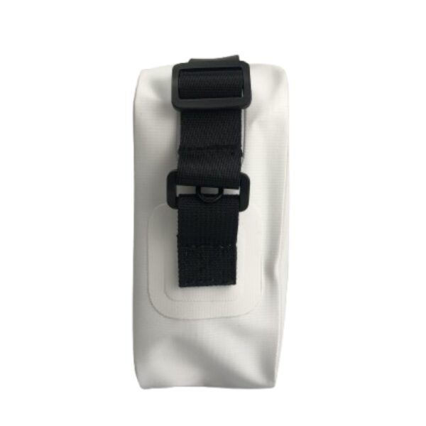 Side angle of a white waterproof mail handbag, featuring an adjustable black strap with a buckle, designed for comfortable and customizable carrying during daily outings.