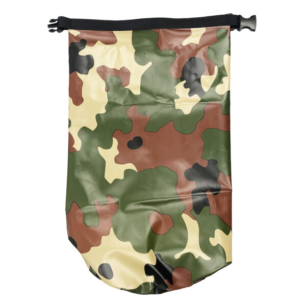 Compact Pre-Deployment View: Waterproof Camo Drybag in Roll-Top Compression Mode