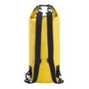 Rear view of a yellow waterproof dry bag, highlighting adjustable black backpack straps for carrying convenience
