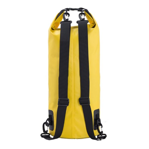 Rear view of a yellow waterproof dry bag, highlighting adjustable black backpack straps for carrying convenience