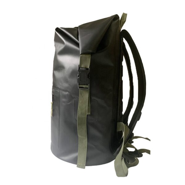 Streamlined black backpack (side view) – water-resistant, logo-ready, perfect for urban carry.