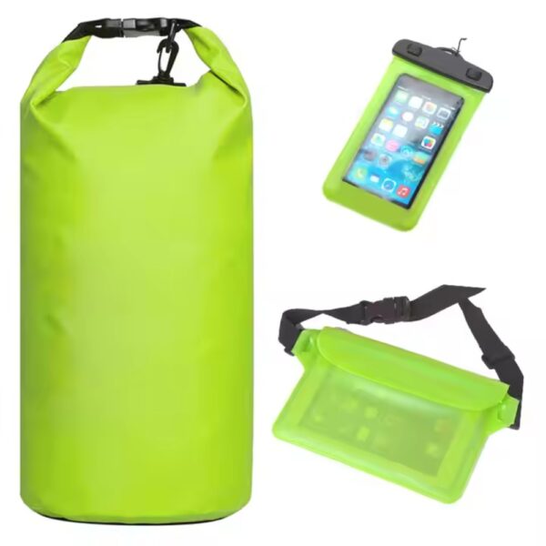large dry bag, a waterproof phone pouch, and a small waterproof waist bag, suitable for water - related outdoor activities like swimming, rafting to keep items dry.