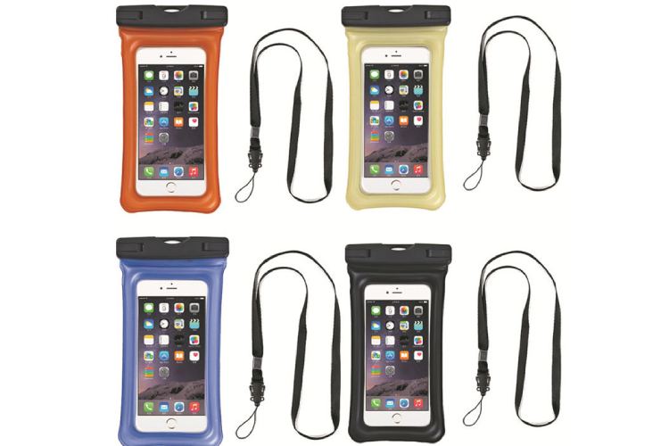 The image features six waterproof phone cases in different colors (orange, yellow, blue, and black). Each case has a transparent front to display the phone screen and a lanyard for carrying.