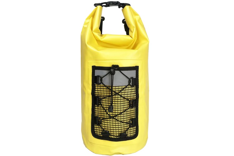 The image shows a yellow waterproof backpack with black straps. It has multiple compartments, including a large main compartment, a front pocket, and side pockets.