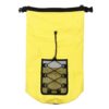 The image depicts a yellow waterproof bag with a mesh pocket on the front. The bag has a drawstring closure and a shoulder strap.