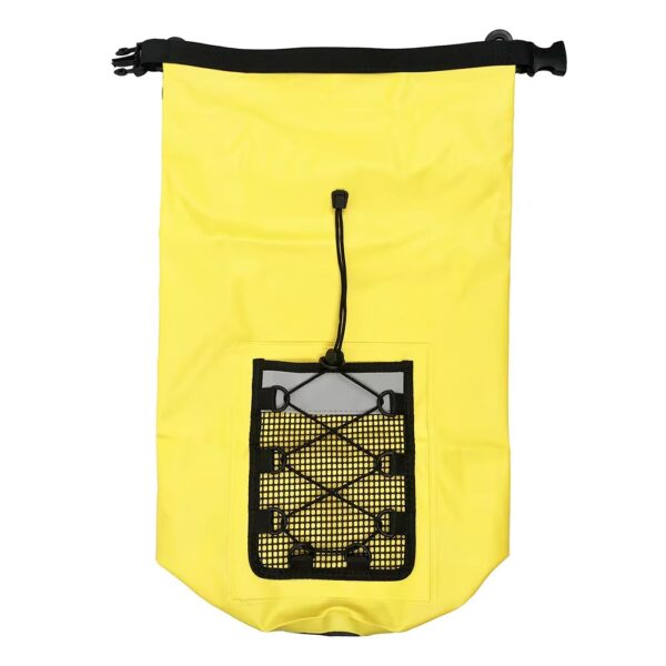 The image depicts a yellow waterproof bag with a mesh pocket on the front. The bag has a drawstring closure and a shoulder strap.