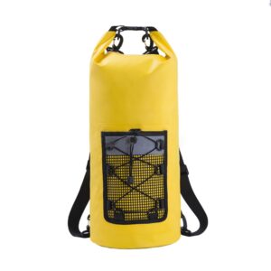 Full - view of a yellow waterproof dry bag with front mesh pocket, displaying its cylindrical shape and backpack - style straps.