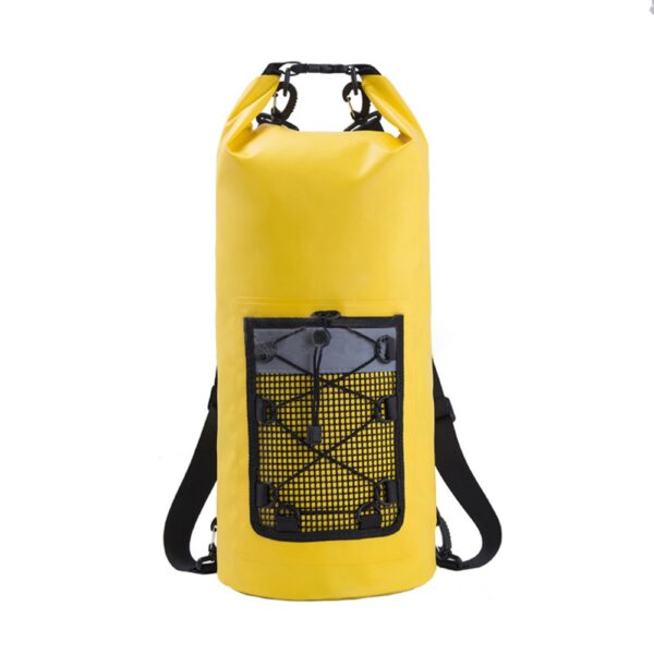 Full - view of a yellow waterproof dry bag with front mesh pocket, displaying its cylindrical shape and backpack - style straps.