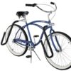 Studio image of blue cruiser bicycle with full surfboard rack system installed on front and rear