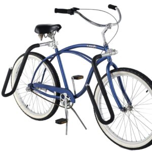 Studio image of blue cruiser bicycle with full surfboard rack system installed on front and rear