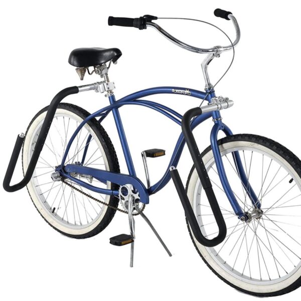 Studio image of blue cruiser bicycle with full surfboard rack system installed on front and rear