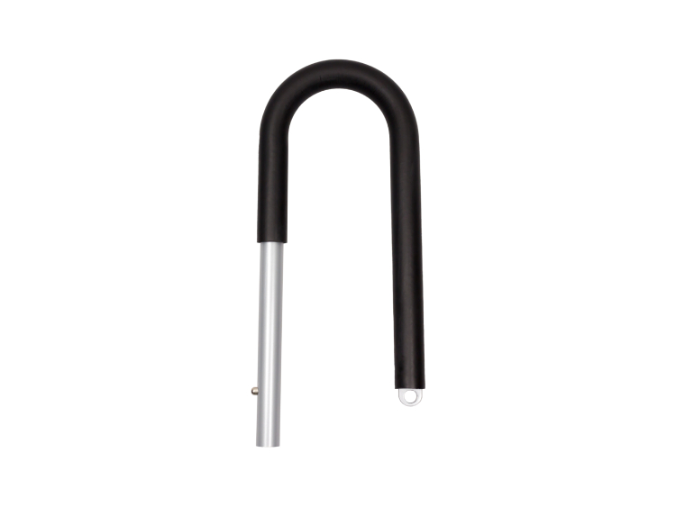 U-shaped black and silver surfboard rack arm for bicycle installation