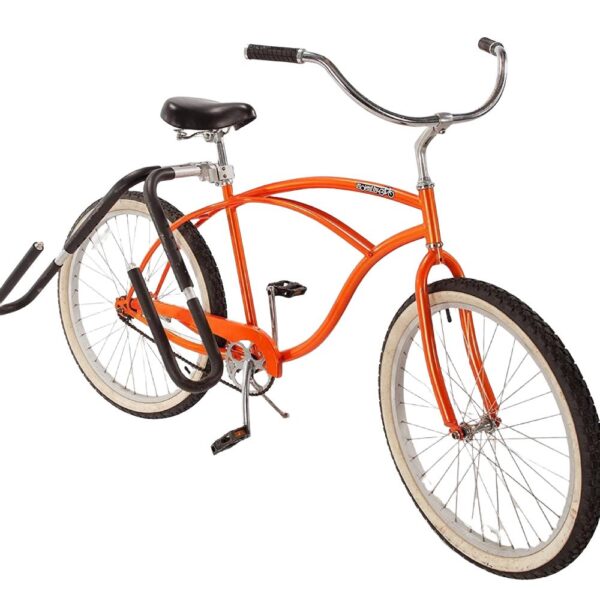Surfboard rack mounted on orange beach cruiser bicycle, studio shot