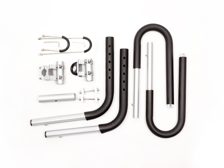 Complete silver and black surfboard bike rack kit with mounting clamps, U-bars, and bolts