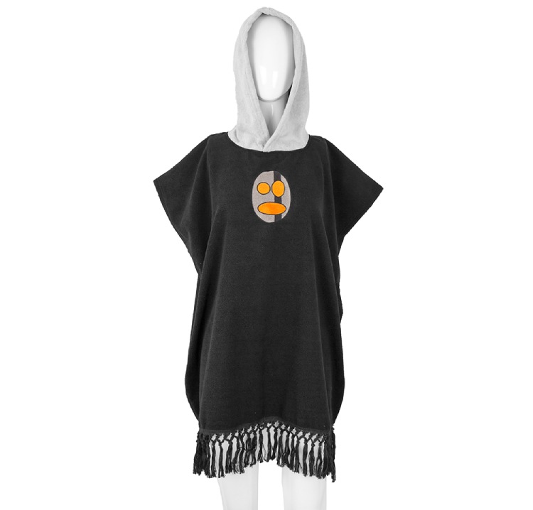 Black surf poncho with white hood, cartoon embroidery and decorative fringe