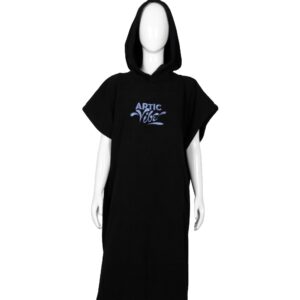 Premium black hooded surf poncho with Artic Vibe embroidery, perfect for post-surf use.