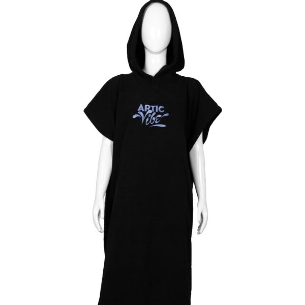 Premium black hooded surf poncho with Artic Vibe embroidery, perfect for post-surf use.