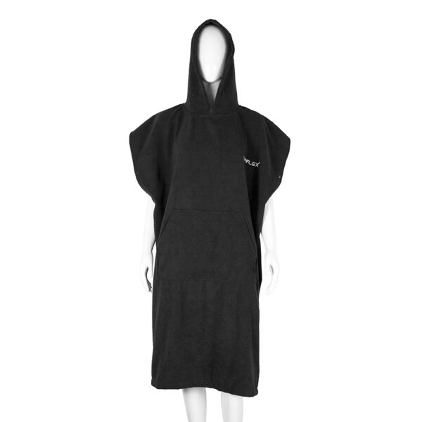 Basic black surf poncho with hood and front pocket for easy beach changing.
