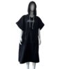 Black cotton surf poncho with drawstring hoodie and IDDM embroidery, suitable for customization.