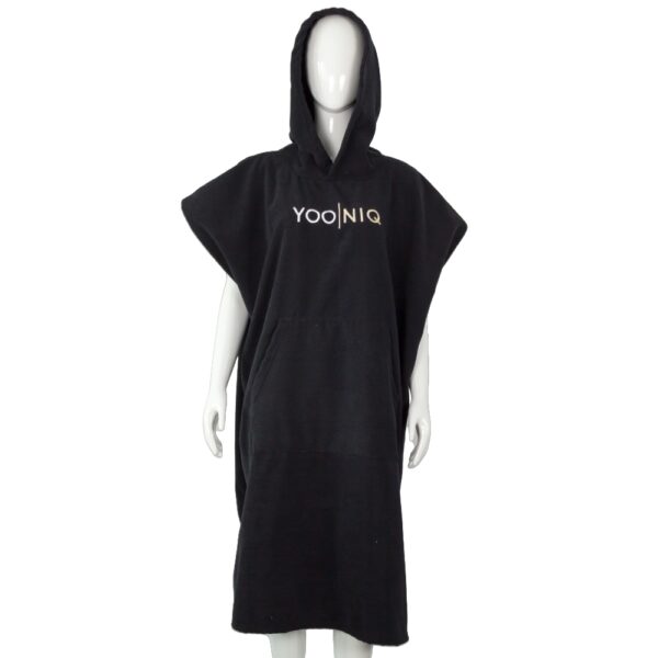 Black surf poncho featuring YOONIQ embroidered logo, ideal for brand customization.