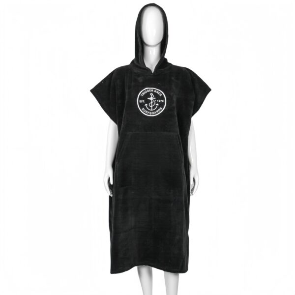 Black surf poncho with white Trigger Bros logo on chest, displayed on mannequin