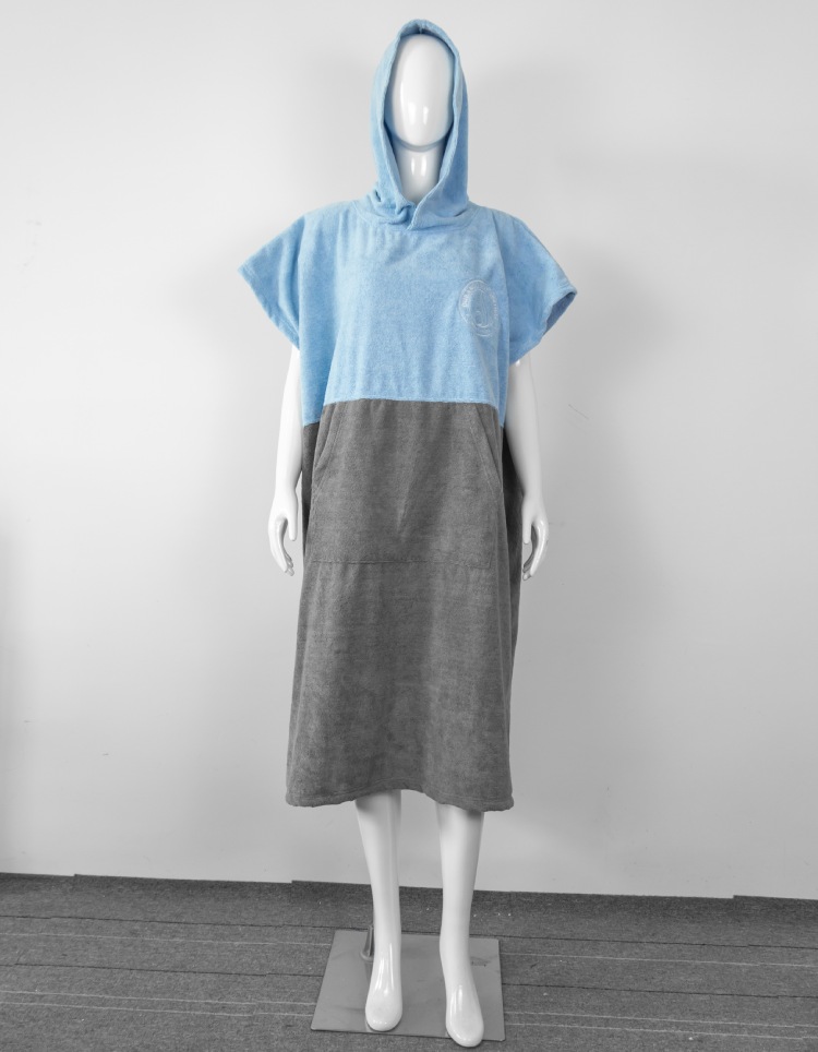 Light blue and grey surf poncho with hood and logo embroidery