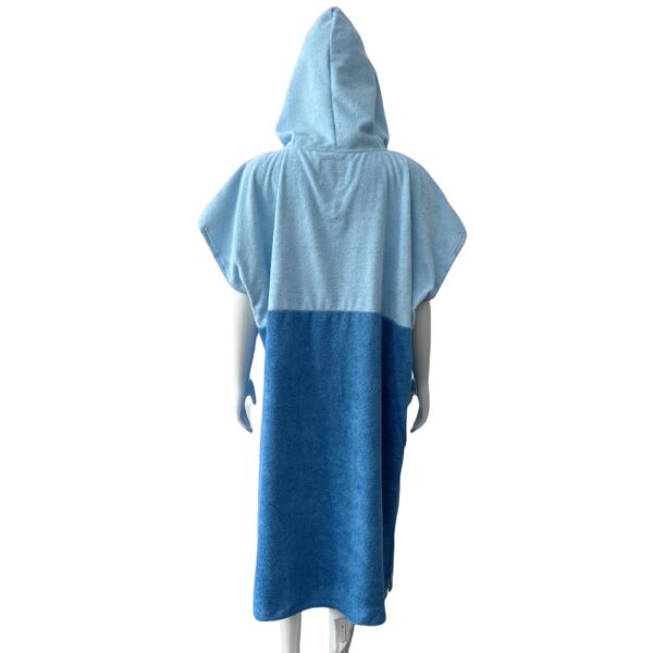 Back view of light and dark blue surf poncho robe with hood
