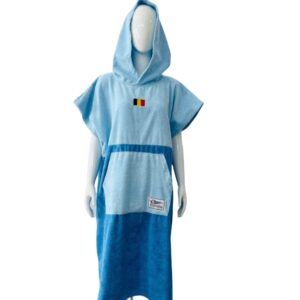 Custom blue surf poncho with Belgian flag patch and large front pocket
