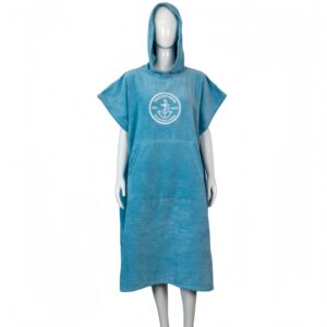 Washed blue surf poncho with white Trigger Bros logo, displayed on mannequin