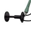 Close-up of glossy coiled TPU cord on grey green bodyboard leash