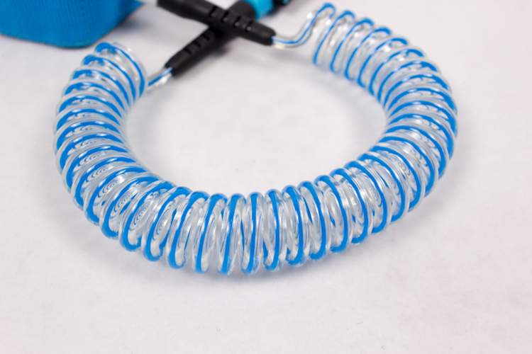 Transparent and blue edge coiled TPU cord used in SUP leash